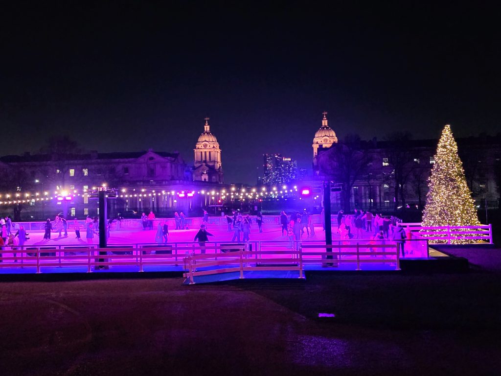 Day out with the kids, Queen's House Ice Rink Greenwich, London Christmas Ice Skating Review, photo of rink at night