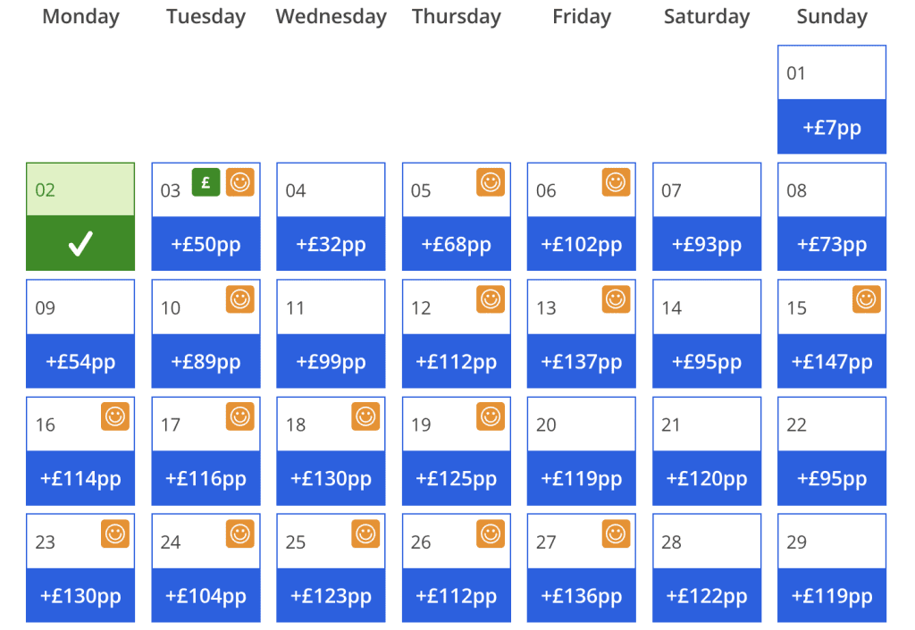 save money on jet 2 holidays, comparison price calendar, switch dates and save