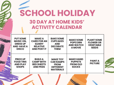 30 day kids school summer holiday activity grid, entertain kids at home, frugal mum printable