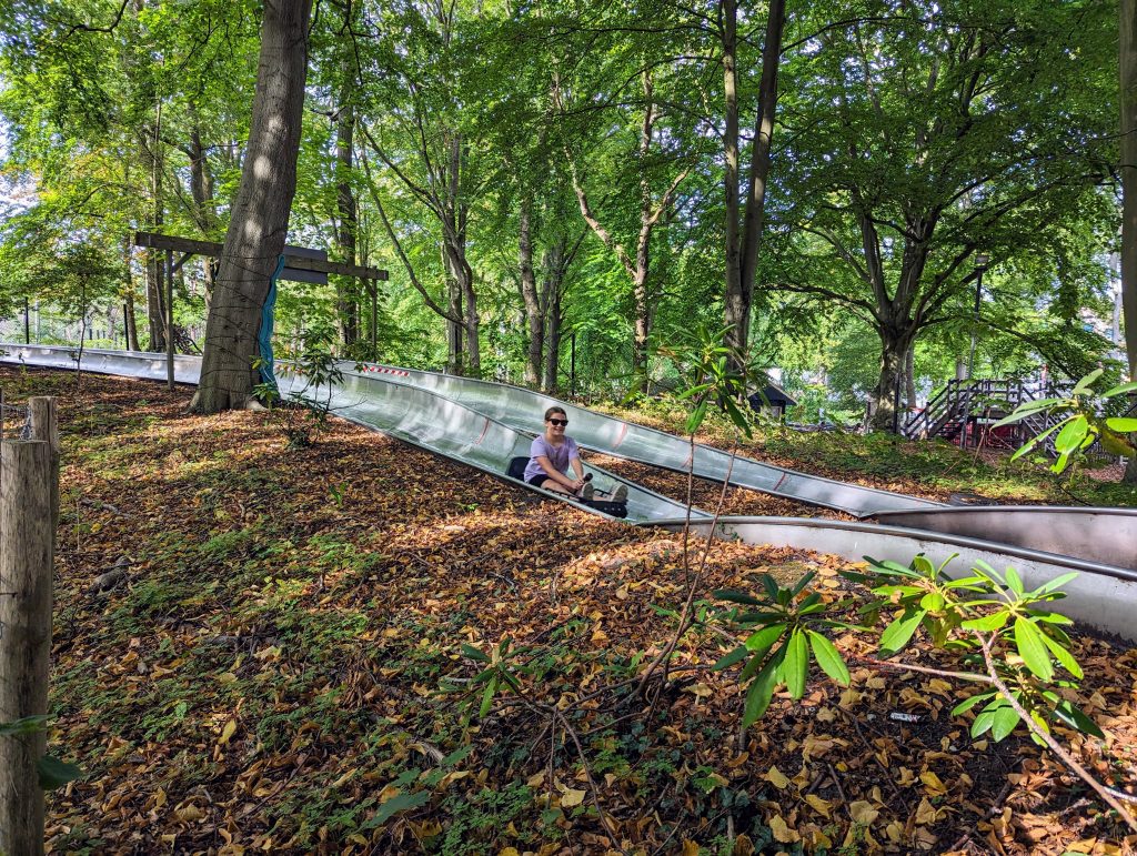 Duinrell Theme Park Resort, Eurocamp holiday review, the Netherlands, frugal mum child on toboggan run, photo