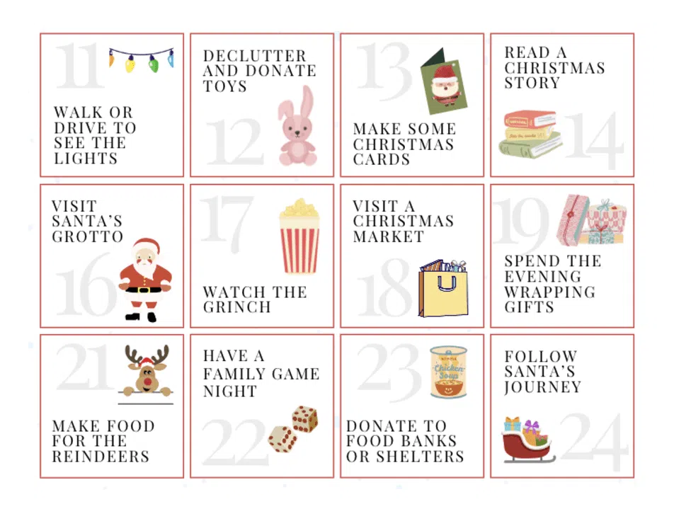 frugal mum, christmas activity advent calendar, christmas countdown, children, family