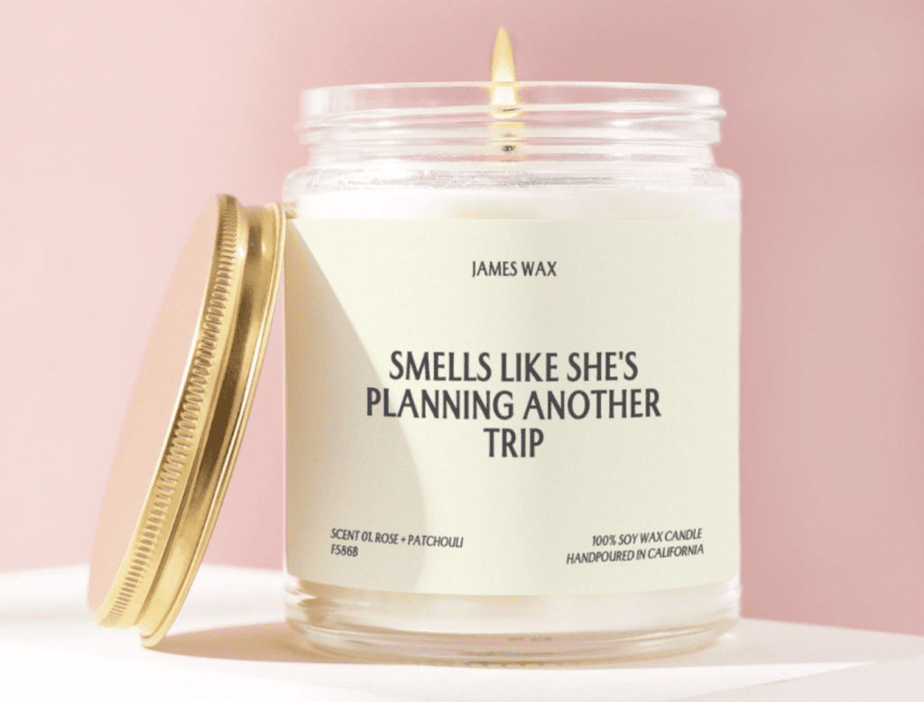 Etsy Gift Guide ideas, travel presents, woman, man, him, her, families, travel lover candle, humorous 