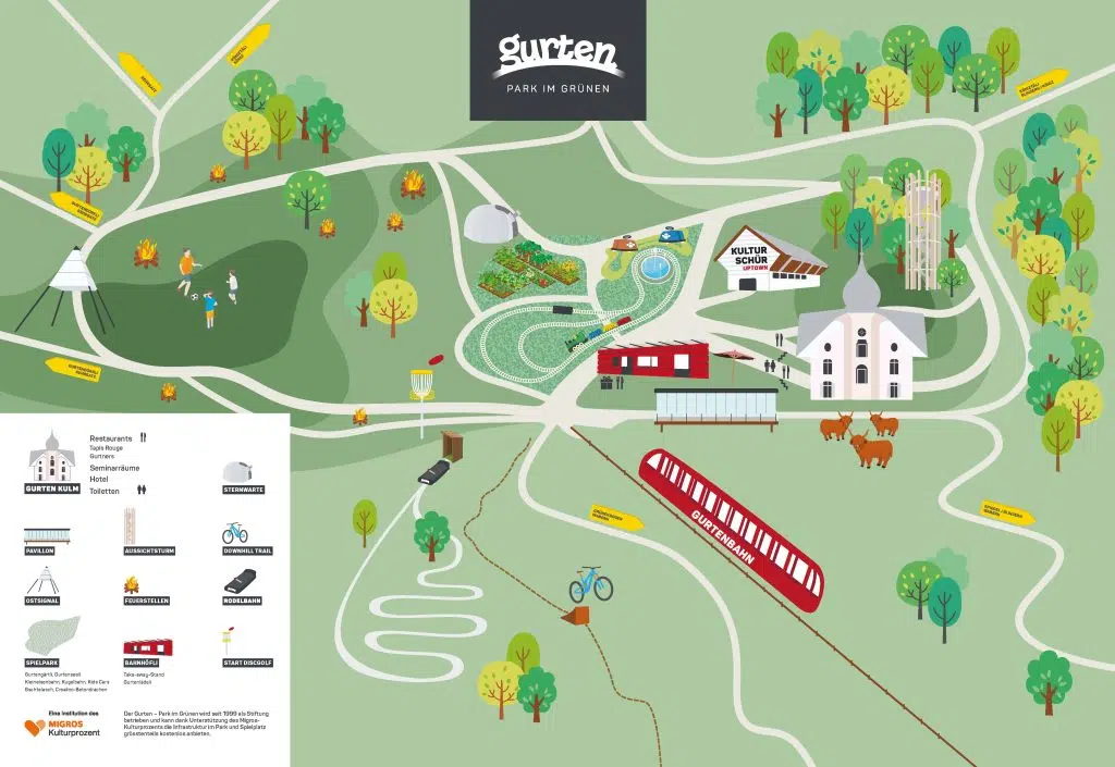 Switzerland with kids, budget itinerary for family day in city of Bern, gurten mountain fun park map