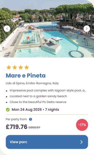 Eurocamp 2026 school holiday deals, August budget summer breaks, frugal mum travel guide, photo of mare e pineta, italy