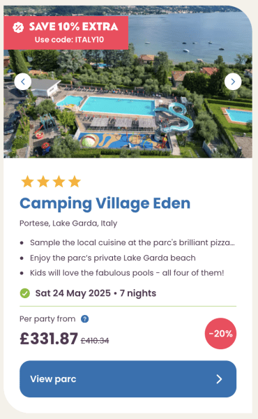 Eurocamp 2025 May half term holiday deals camping village eden italy