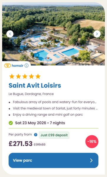 Eurocamp 2026 may half term school holiday deals, frugal mum travel guide, photo of saint avit loisirs, france