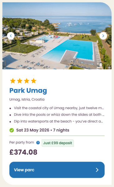 Eurocamp 2026 may half term school holiday deals, frugal mum travel guide, photo of park umag, croatia