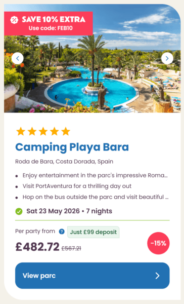 Eurocamp 2026 may half term school holiday deals, frugal mum travel guide, photo of camping playa bara, spain