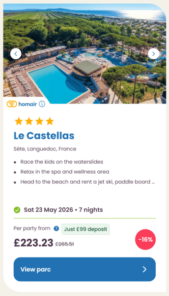Eurocamp 2026 may half term school holiday deals, frugal mum travel guide, photo of le castellas, france