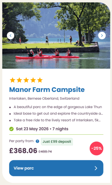 Eurocamp 2026 may half term school holiday deals, frugal mum travel guide, photo of manor farm campsite, switzerland