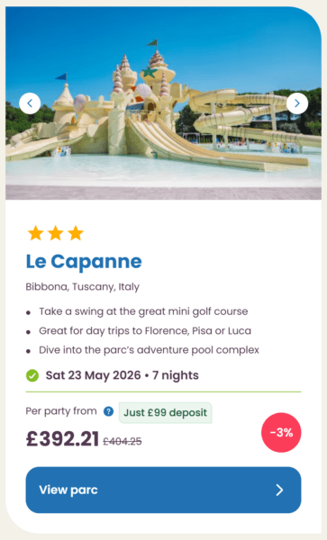 Eurocamp 2026 may half term school holiday deals, frugal mum travel guide, photo of le capanne, italy
