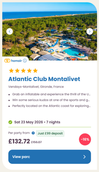 Eurocamp 2026 may half term school holiday deals, frugal mum travel guide, photo of atlantic club montalivet, france