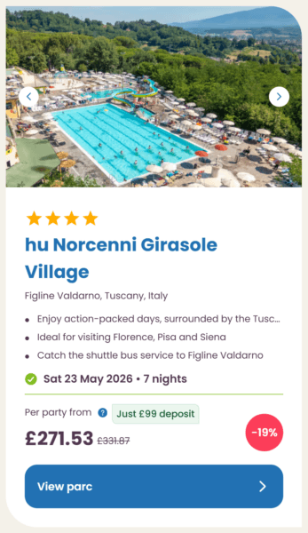 Eurocamp 2026 may half term school holiday deals, frugal mum travel guide, photo of hu norcenni girasole village, italy