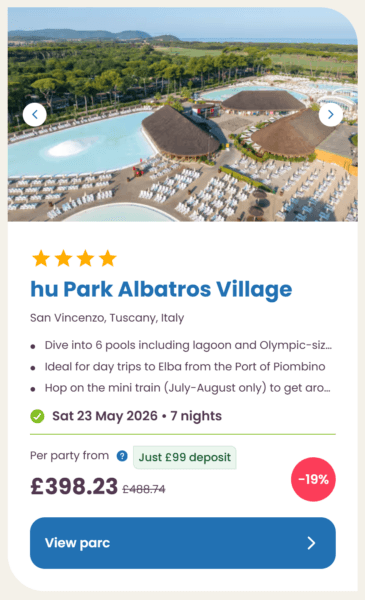 Eurocamp 2026 may half term school holiday deals, frugal mum travel guide, photo of hu park albatros village, italy
