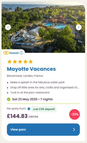 Eurocamp 2026 may half term school holiday deals, frugal mum travel guide, photo of mayotte vacances, france