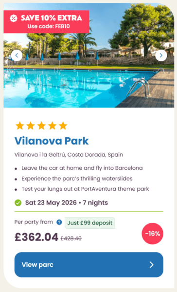 Eurocamp 2026 may half term school holiday deals, frugal mum travel guide, photo of vilanova park, spain