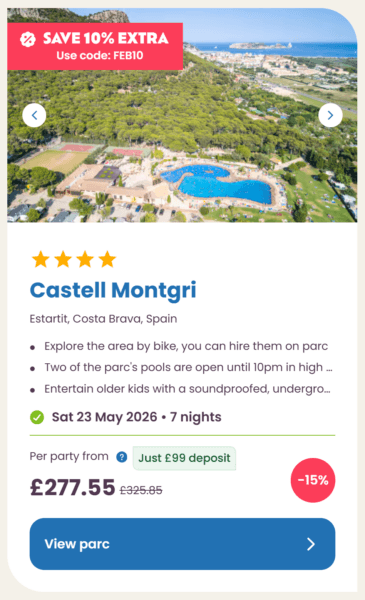 Eurocamp 2026 may half term school holiday deals, frugal mum travel guide, photo of castell montgri, spain