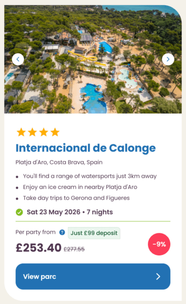 Eurocamp 2026 may half term school holiday deals, frugal mum travel guide, photo of internacional de calonge, spain