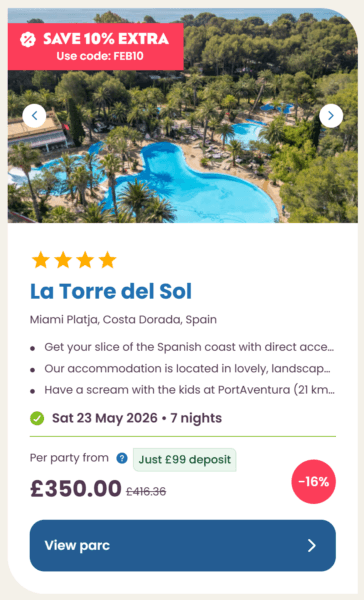 Eurocamp 2026 may half term school holiday deals, frugal mum travel guide, photo of la torre del sol, spain