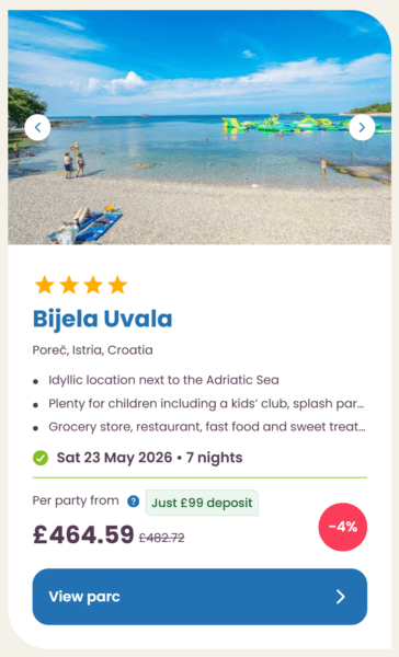 Eurocamp 2026 may half term school holiday deals, frugal mum travel guide, photo of bijela uvala, croatia