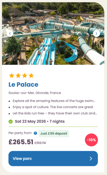 Eurocamp 2026 may half term school holiday deals, frugal mum travel guide, photo of le palace, france
