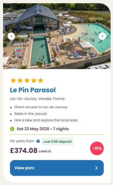 Eurocamp 2026 may half term school holiday deals, frugal mum travel guide, photo of le pin parasol, france