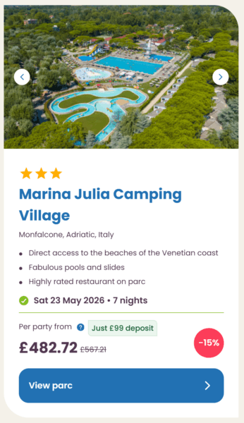 Eurocamp 2026 may half term school holiday deals, frugal mum travel guide, photo of marina julia camping village, italy