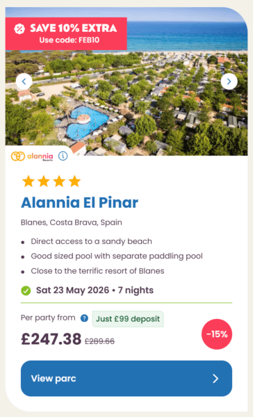 Eurocamp 2026 may half term school holiday deals, frugal mum travel guide, photo of alannia el pinar, spain