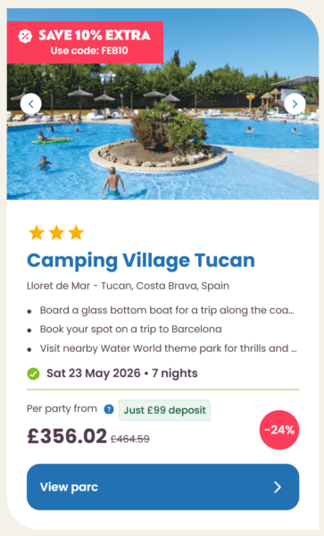 Eurocamp 2026 may half term school holiday deals, frugal mum travel guide, photo of camping village tucan, spain