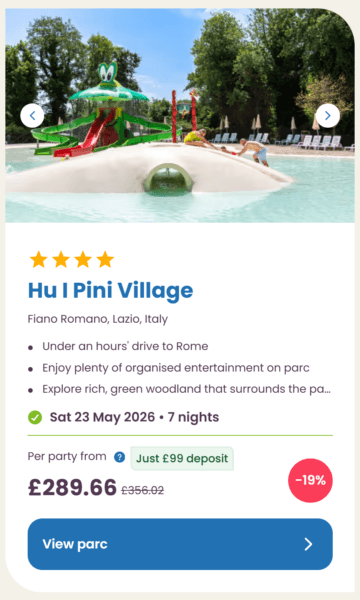 Eurocamp 2026 may half term school holiday deals, frugal mum travel guide, photo of hu i pini village, rome