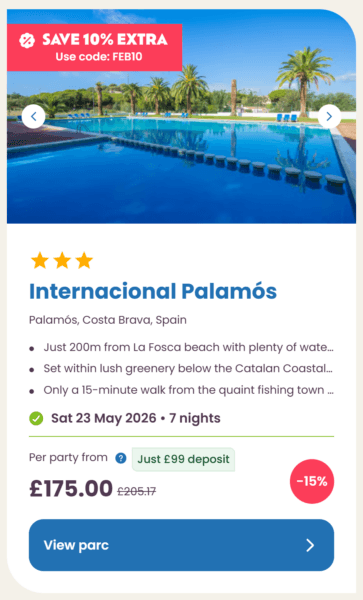 Eurocamp 2026 may half term school holiday deals, frugal mum travel guide, photo of internacional palamos, spain