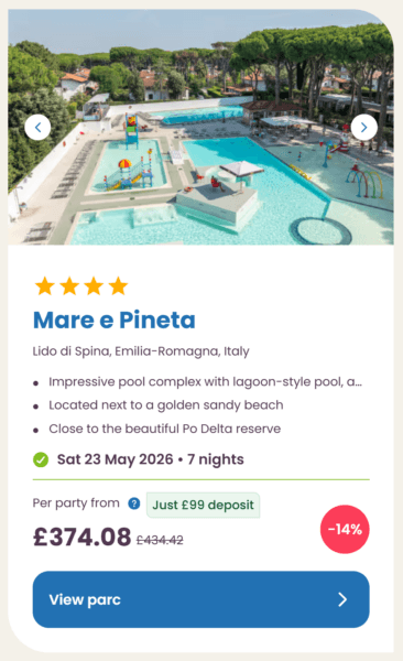 Eurocamp 2026 may half term school holiday deals, frugal mum travel guide, photo of mare e pineta, italy