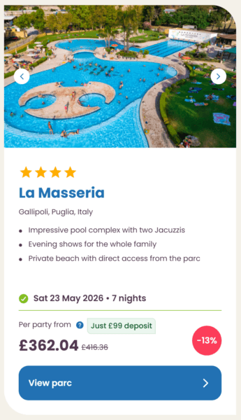Eurocamp 2026 may half term school holiday deals, frugal mum travel guide, photo of la masseria, italy