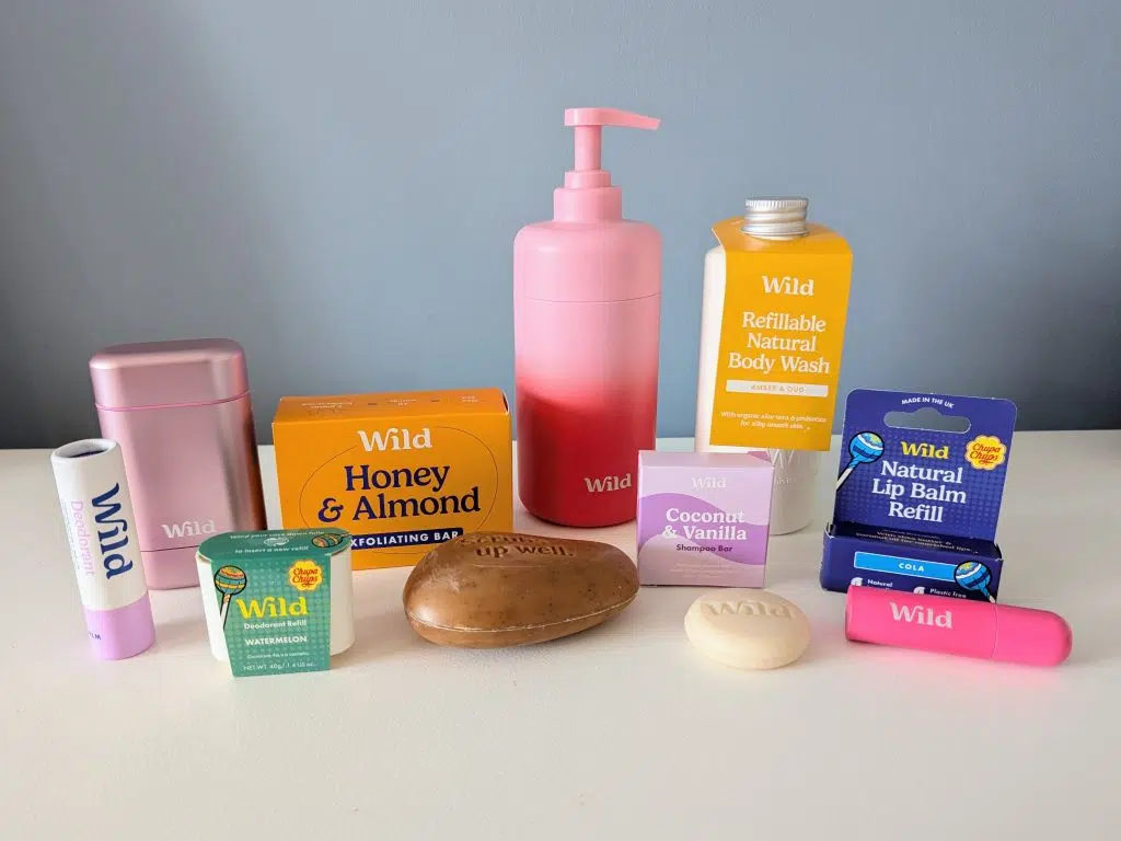 Wild Deodorant Review and 20% off discount code, frugal mum guide, photo of wild products including soaps, body wash, deodorants, shampoos