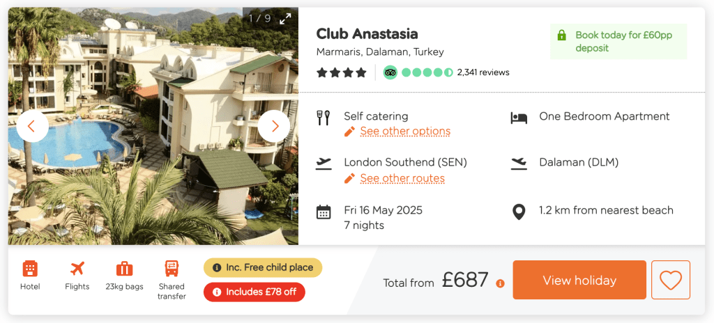 easy jet package holiday deal, frugal mum travel guide, club anastasia, Turkey