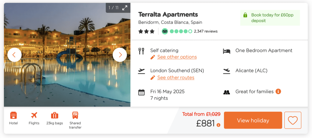 easy jet package holiday deal, frugal mum travel guide, terralta apartments, spain 