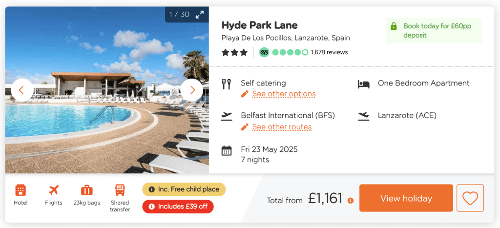 easy jet package holiday deal, frugal mum travel guide, hyde park, lanzarote 