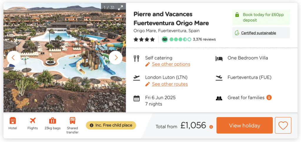 easy jet package holiday deal, frugal mum travel guide, pierre and vacanaces, fuerteventura origo mare 