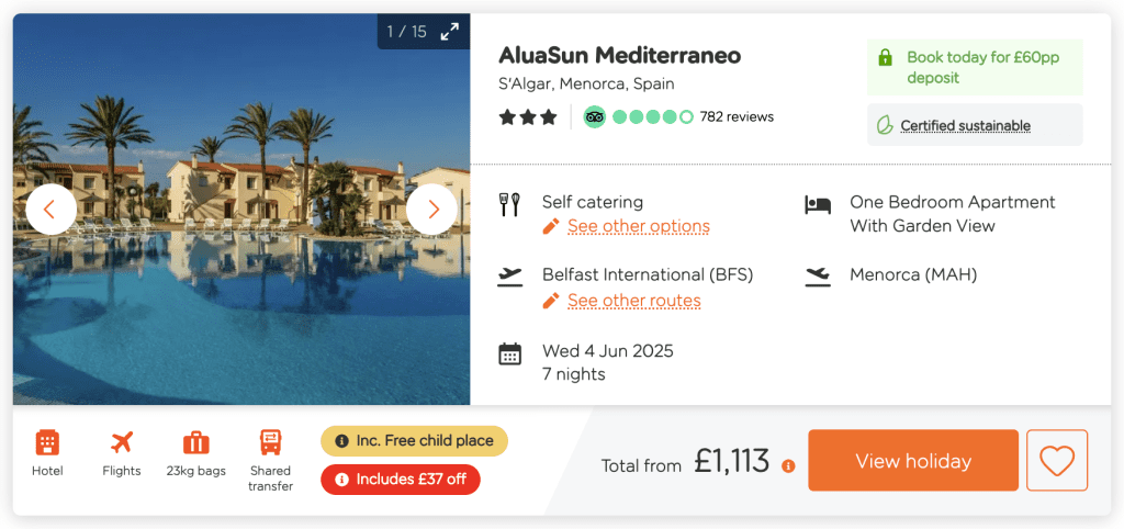 easy jet package holiday deal, frugal mum travel guide, club anastasia, aluasun mediterraneo, menorca