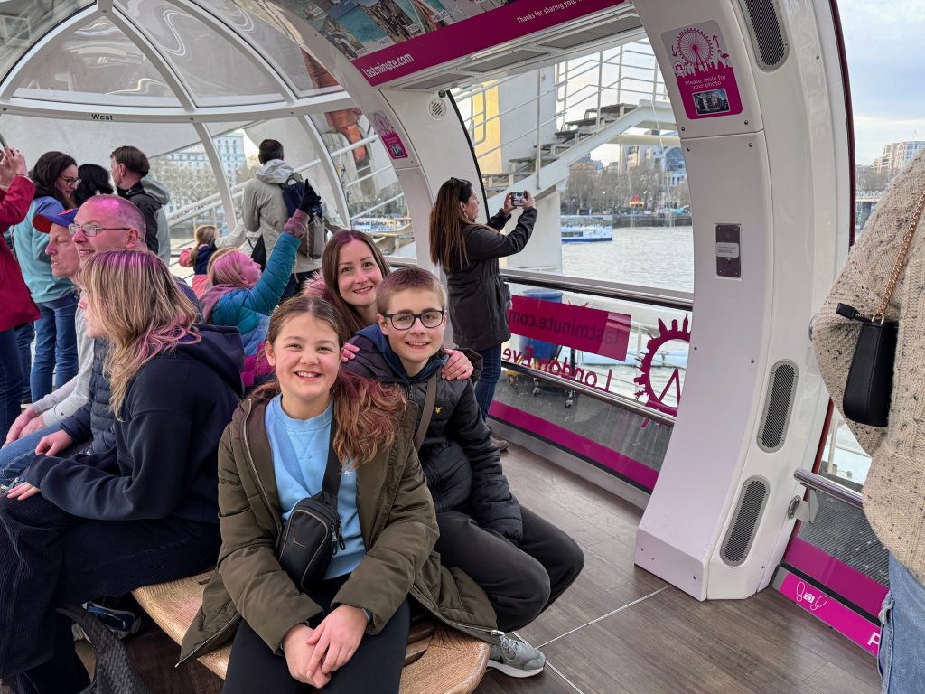 The London Eye with kids, a family guide and money-saving tips, frugal mum travel guide, photo of london eye inside pod with children