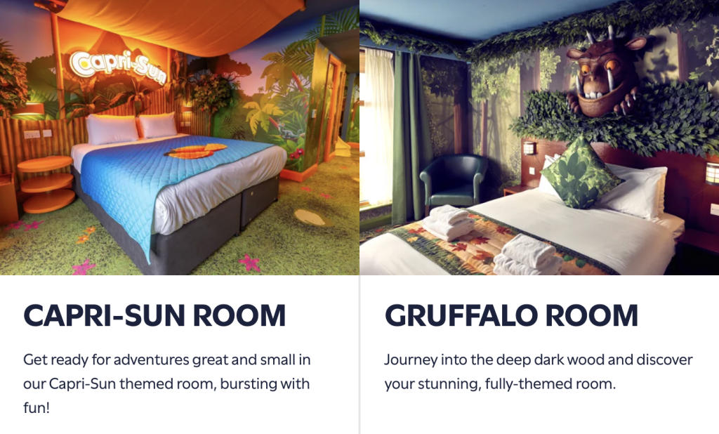 chessington resort themed rooms at the azteca hotel and safari hotel - capri-sun and gruffalo room images