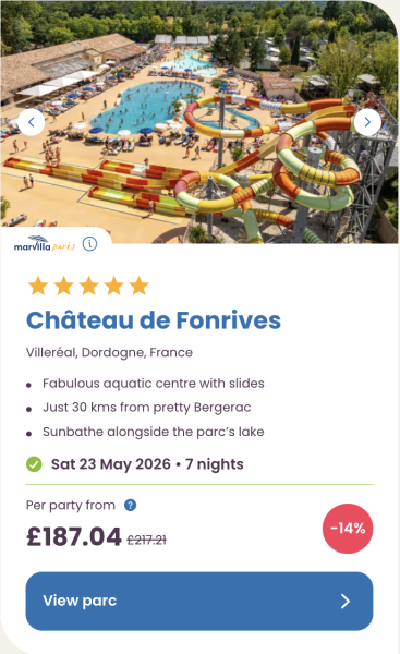 Eurocamp Summer Holiday Sale, Early Booking Deals for 2026, frugal mum travel guide, image of chateau de fonrives in dordogne france