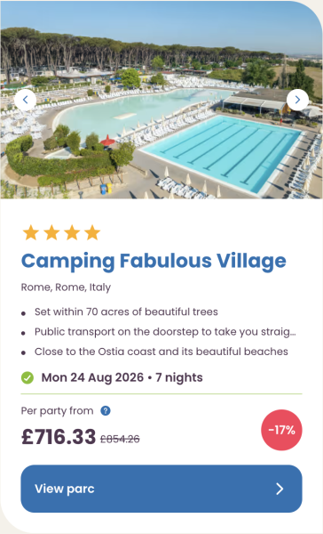 Eurocamp Summer Holiday Sale, Early Booking Deals for 2026, frugal mum travel guide, image of camping village fabulous rome italy