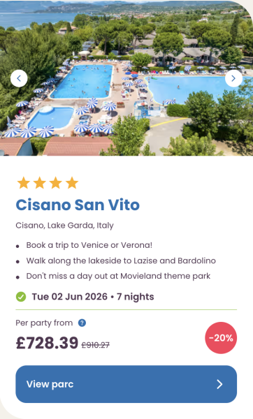 Eurocamp Summer Holiday Sale, Early Booking Deals for 2026, frugal mum travel guide, image of cisano san vito lake garda italy