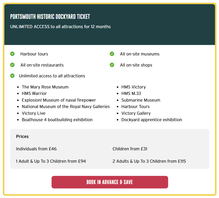 Portsmouth Historic Dockyard with Kids, the ultimate family guide from frugal mum, photo of ticket options and prices
