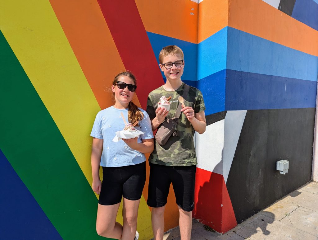 Thorpe Park with kids - the ultimate theme park and hotel guide, frugal mum guide, photo of kids with ice creams