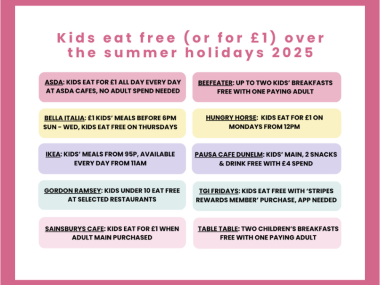 places kids eat free for uk school summer holidays, or £1, for 2025, frugal mum guide