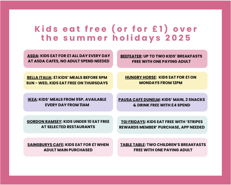 places kids eat free for uk school summer holidays, or £1, for 2025, frugal mum guide