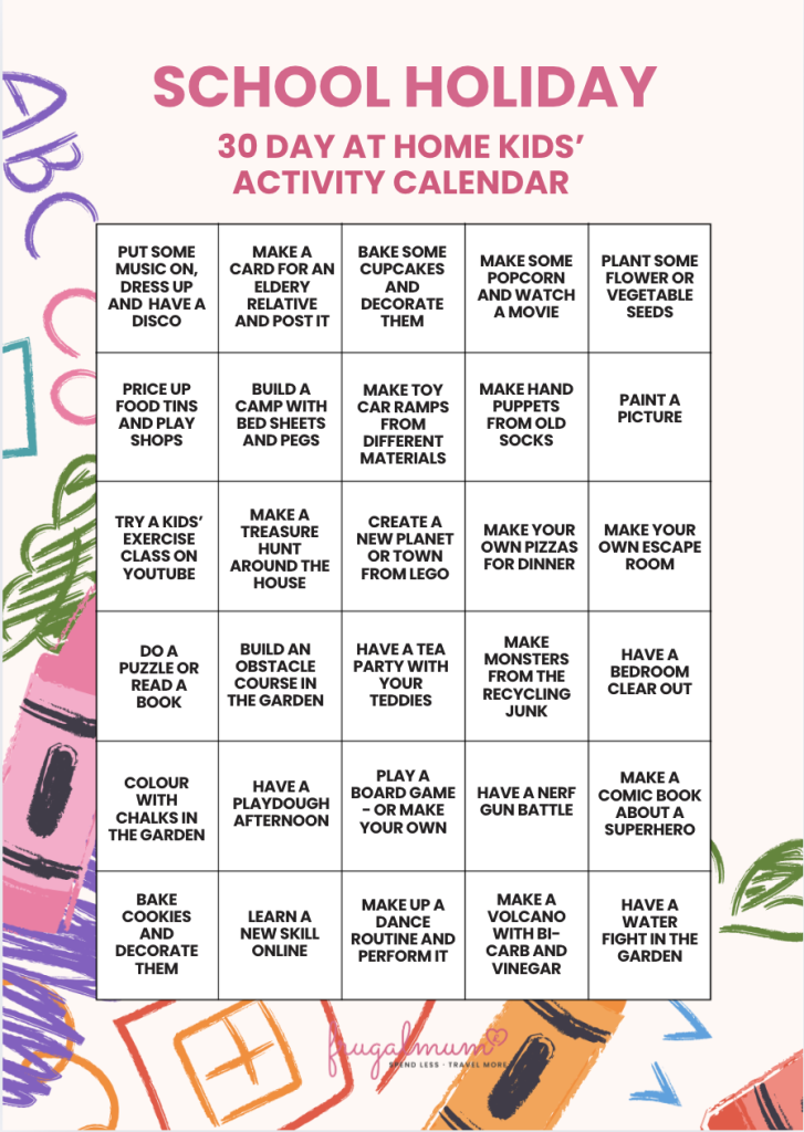 school holiday 30 day at home kids activity calendar, frugal mum printable