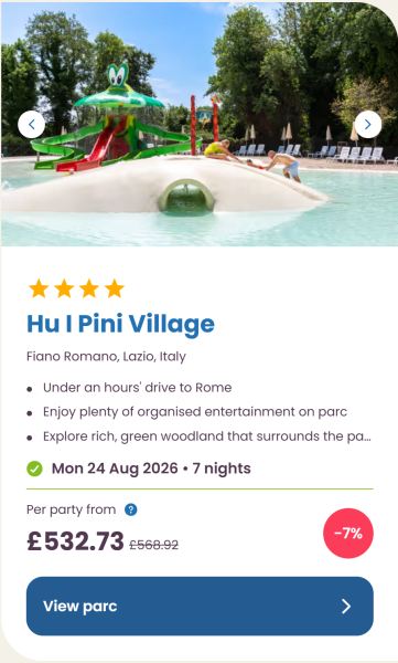 Eurocamp 2026 school holiday deals, August budget summer breaks, frugal mum travel guide, photo of hu i pini village, italy